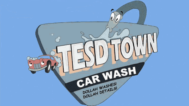 a logo for tesd town car wash with a cartoon car on it