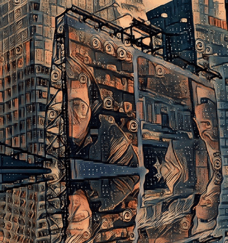 a painting of a woman 's face is surrounded by buildings and circles