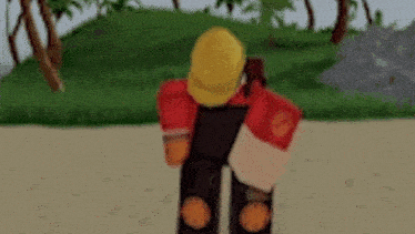 a cartoon character wearing a hard hat and red gloves is standing on a beach .