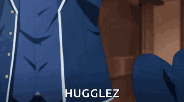 a girl with blue hair is hugged by a man in a suit and the word hugglez is visible