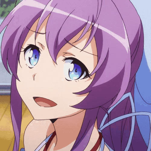 a purple haired anime girl with blue eyes
