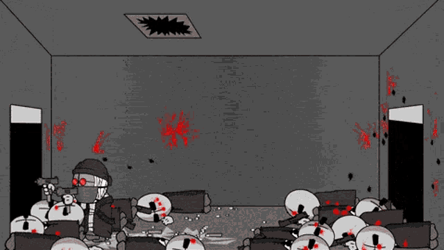a cartoon of a man holding a gun with blood coming out of his mouth