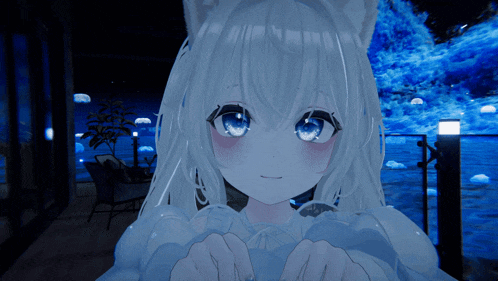 a girl with white hair and blue eyes stands in front of a blue sky