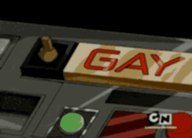 a cartoon shows a button that says " gay "