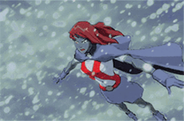 a woman with red hair is flying through the air in a cartoon