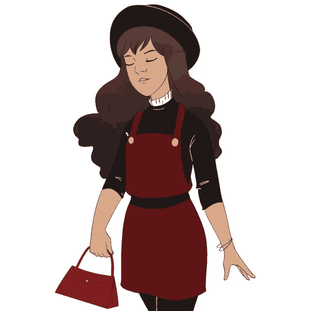 a cartoon drawing of a woman wearing overalls and a hat holding a red purse