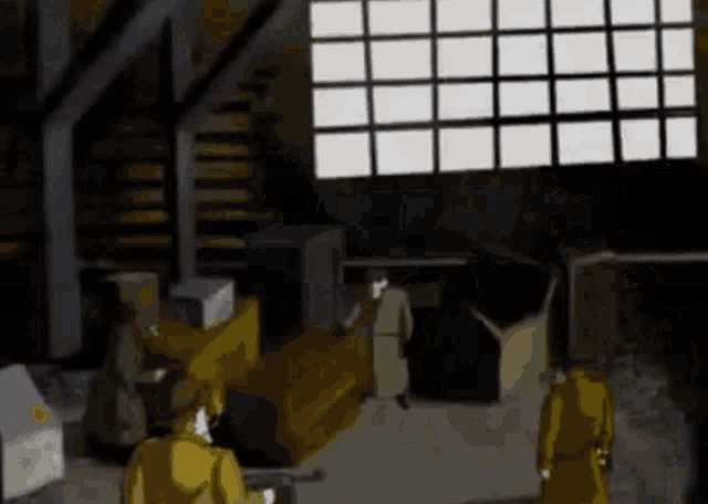 a group of men in yellow uniforms are standing in a room with boxes and a couch .
