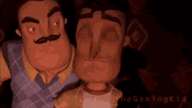 a couple of cartoon characters are standing next to each other and one of them has a mustache