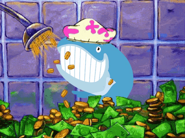 a cartoon of a whale being showered with gold coins