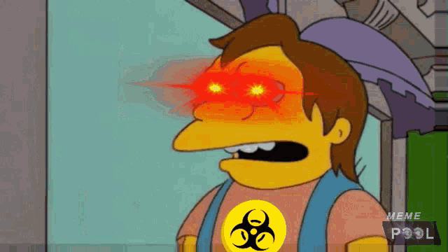 a cartoon character with red eyes and a yellow biohazard symbol on his chest