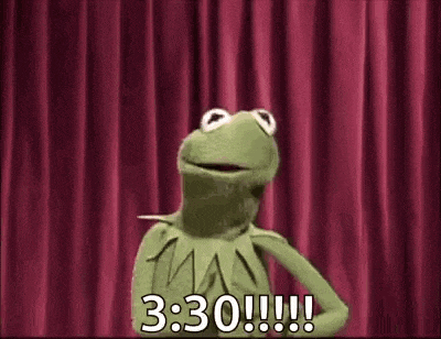 kermit the frog is standing on a stage in front of a red curtain and talking .