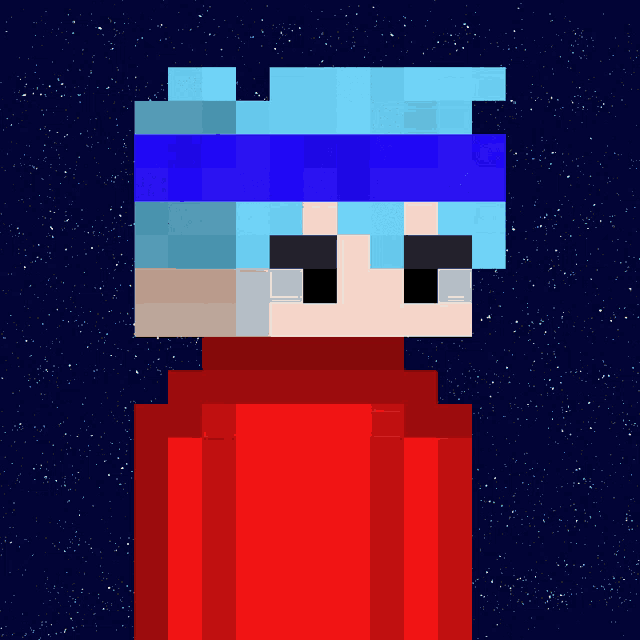 a pixel art of a person with blue hair and a red hoodie