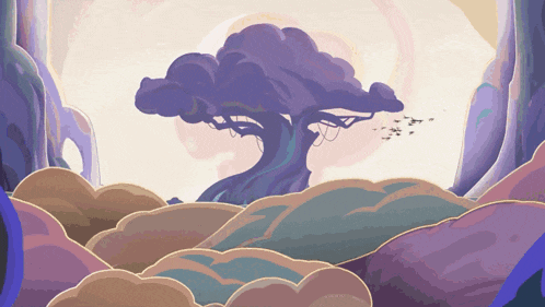 a cartoon drawing of a tree in a landscape