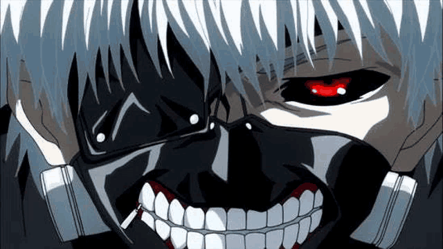 a close up of a person wearing a mask with red eyes and a big smile .