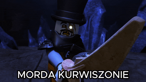a picture of a lego character with the words morda kurwiszonie on the bottom right