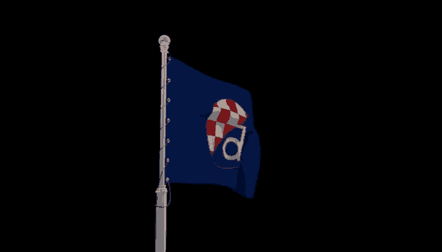 a blue flag with a red white and blue checkered circle with the letter d on it