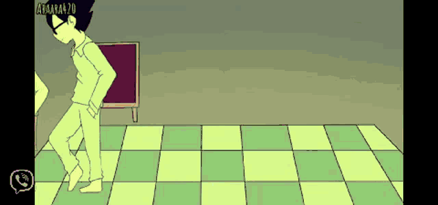 a cartoon of a man standing on a checkered floor with the name abara420 on the bottom