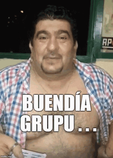 a man in a plaid shirt with the words buendia grupu written on his chest