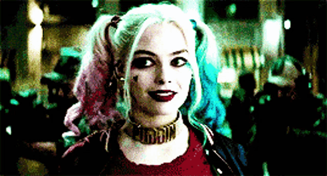 harley quinn from suicide squad is smiling and wearing a choker that says daddy on it