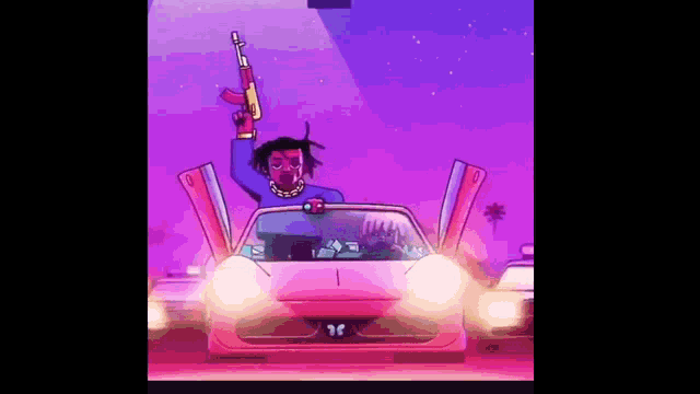 a cartoon of a man holding a gun while driving a pink car .