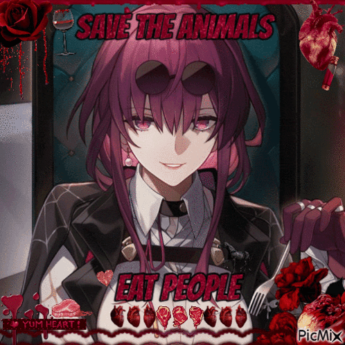 a picture of a girl with the words save the animals eat people on it