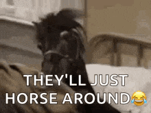 a horse is sitting on a bed with the words `` they 'll just horse around '' written on it .