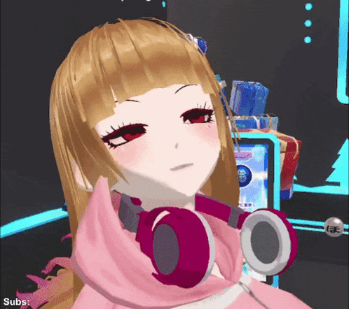 a cartoon girl wearing headphones and a pink scarf has the word subs below her