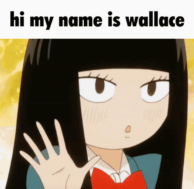 a cartoon girl says hi my name is wallace with her hand up