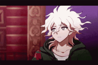 a cartoon character with white hair and green eyes is standing in front of a bookshelf .