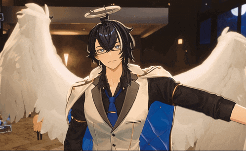 a man with angel wings and a halo on his head is wearing a suit and tie