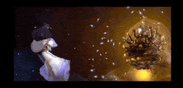 a woman in a purple dress is standing in front of a giant gold object