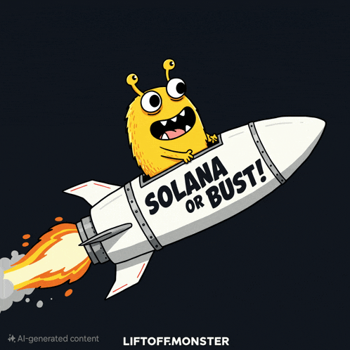 a cartoon of a monster riding a rocket with solana or bust written on it