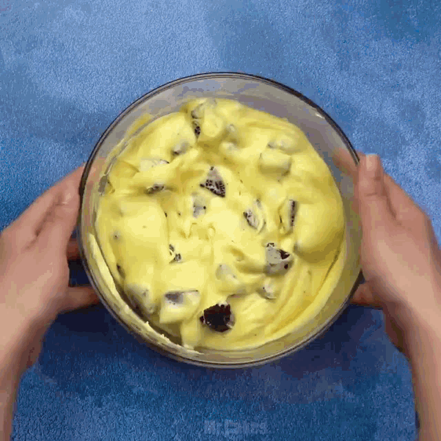 a person is holding a bowl of yellow ice cream with chocolate chips in it