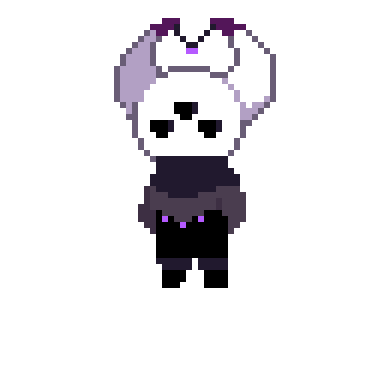 a pixel art drawing of a rabbit with purple ears and a purple bow .