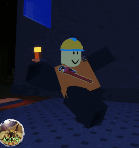 a cartoon character is wearing a hard hat and holding a wrench and a sticker that says 100 %