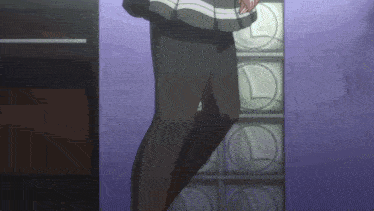 a girl in black tights is standing in front of a door