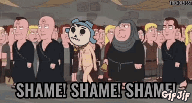 a cartoon of a group of people with the words shame shame shame gif jif at the bottom