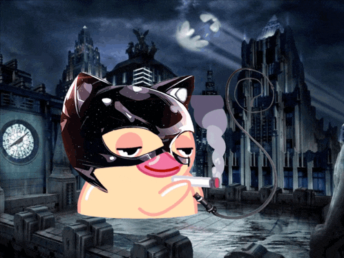 a cat woman smoking a cigarette in front of a clock that shows the time as 4:20