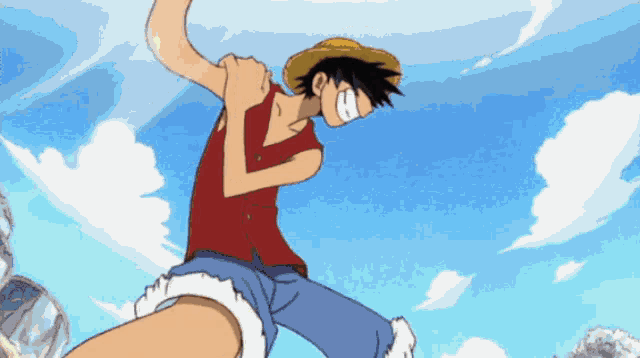 a man in a straw hat is jumping in the air with a blue sky in the background