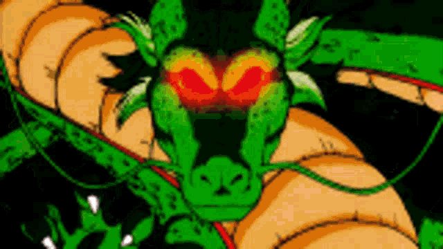 a green dragon with red eyes and orange arms