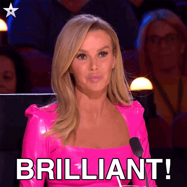a woman in a pink dress with the word brilliant on the bottom