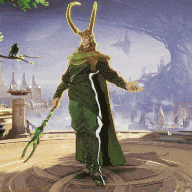 a drawing of loki holding a spear with a bird sitting on a branch in the background