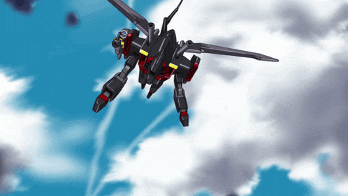 a cartoon drawing of a robot flying through a cloudy sky