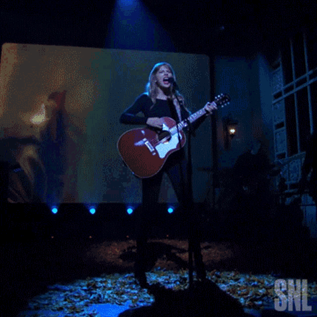 a man playing a guitar in front of a screen that says sni