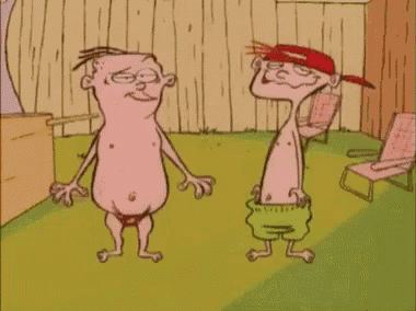 two cartoon characters are standing in a puddle of blood .