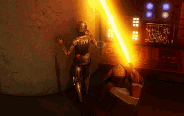 a robot is standing next to a man with a lightsaber