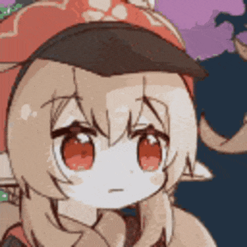 a close up of a cartoon girl with red eyes wearing a hat and looking at the camera .