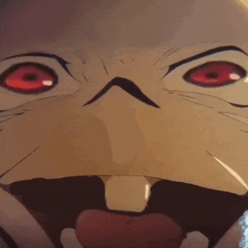 a close up of a person 's face with red eyes and a mouth open