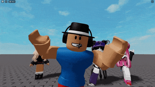 a roblox character wearing headphones and a hat stands in front of a screen that says home
