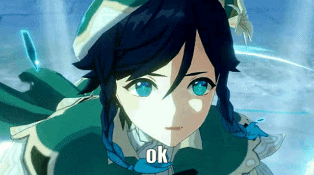 a close up of a anime character with blue eyes and the word ok on the bottom